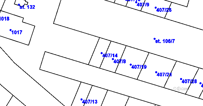Parcela st. 407/14 v KÚ Kobeřice, Katastrální mapa