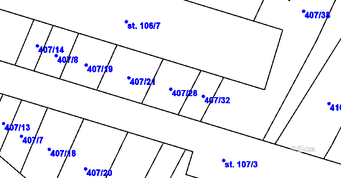 Parcela st. 407/28 v KÚ Kobeřice, Katastrální mapa