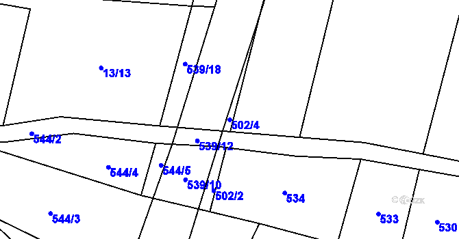 Parcela st. 502/4 v KÚ Kobeřice, Katastrální mapa