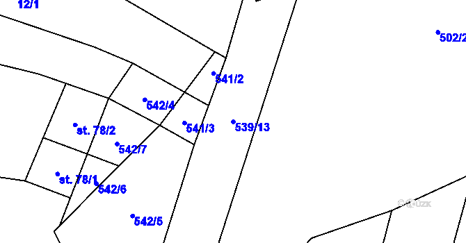 Parcela st. 539/13 v KÚ Kobeřice, Katastrální mapa