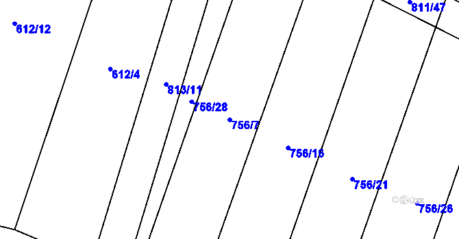 Parcela st. 756/7 v KÚ Kobeřice, Katastrální mapa
