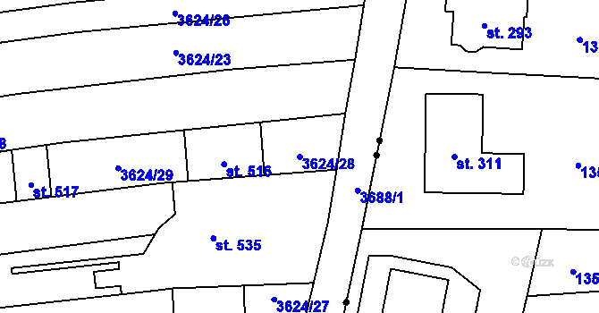 Parcela st. 3624/28 v KÚ Hradčovice, Katastrální mapa