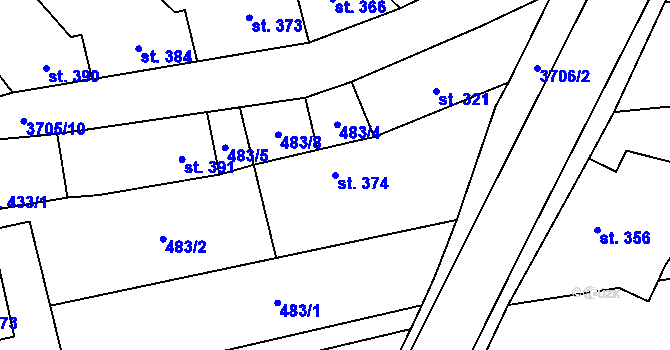 Parcela st. 374 v KÚ Hradčovice, Katastrální mapa