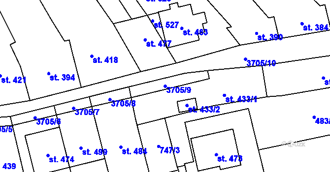 Parcela st. 3705/9 v KÚ Hradčovice, Katastrální mapa