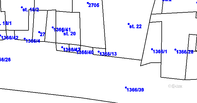Parcela st. 1366/13 v KÚ Hradec u Stoda, Katastrální mapa