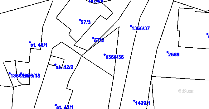 Parcela st. 1366/36 v KÚ Hradec u Stoda, Katastrální mapa
