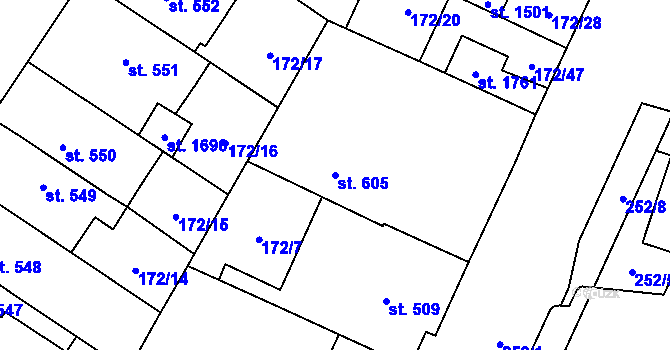 Parcela st. 605 v KÚ Hradec Králové, Katastrální mapa