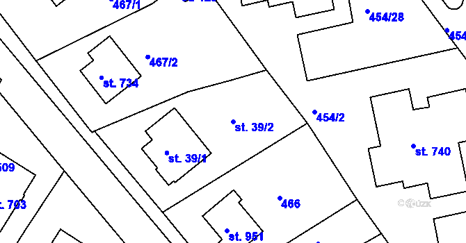 Parcela st. 39/2 v KÚ Třebeš, Katastrální mapa