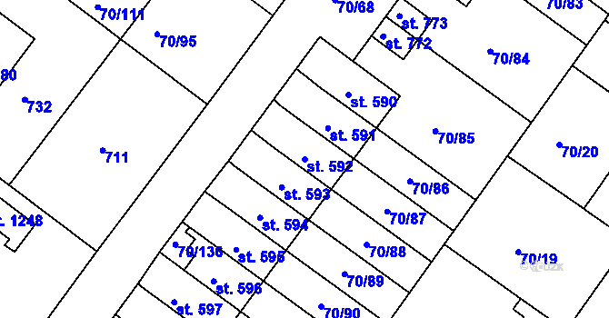 Parcela st. 592 v KÚ Třebeš, Katastrální mapa
