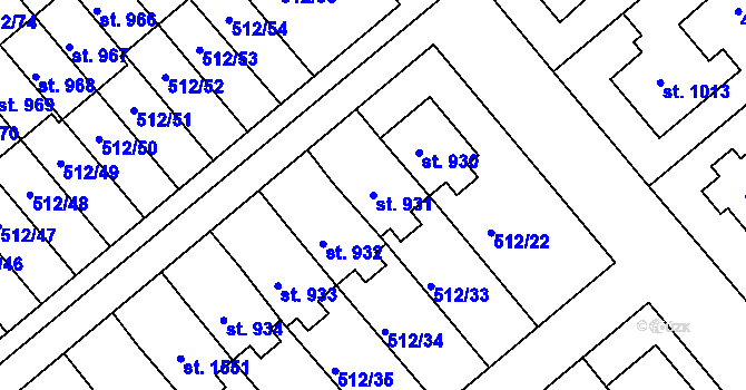 Parcela st. 931 v KÚ Třebeš, Katastrální mapa