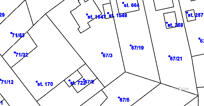 Parcela st. 67/3 v KÚ Třebeš, Katastrální mapa