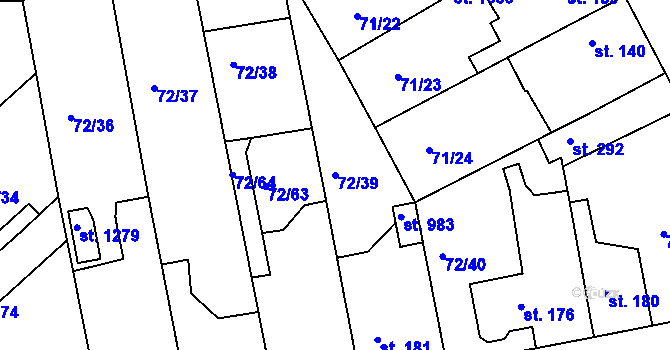 Parcela st. 72/39 v KÚ Třebeš, Katastrální mapa