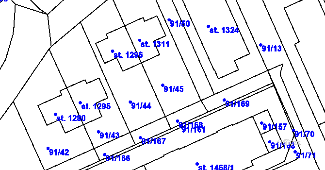 Parcela st. 91/45 v KÚ Třebeš, Katastrální mapa