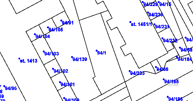 Parcela st. 94/1 v KÚ Třebeš, Katastrální mapa