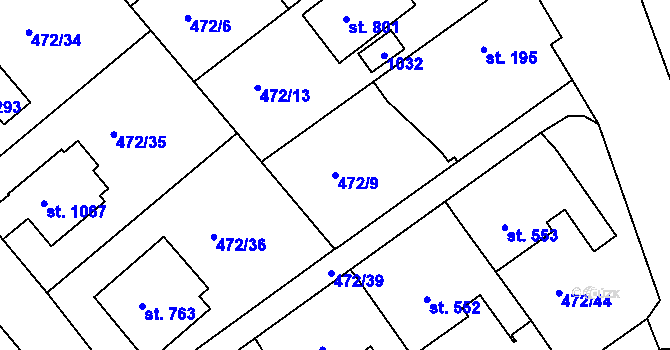 Parcela st. 472/9 v KÚ Třebeš, Katastrální mapa