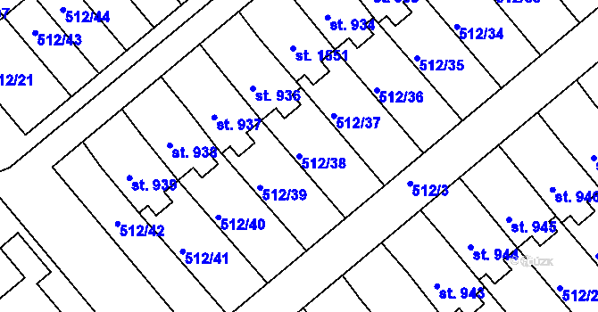 Parcela st. 512/38 v KÚ Třebeš, Katastrální mapa