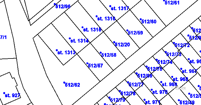 Parcela st. 512/58 v KÚ Třebeš, Katastrální mapa