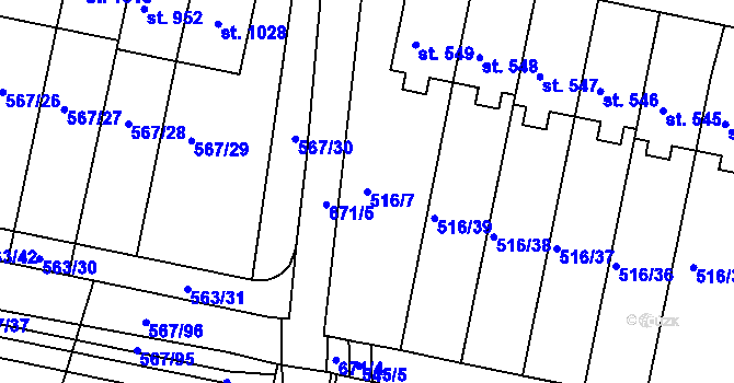 Parcela st. 516/7 v KÚ Třebeš, Katastrální mapa