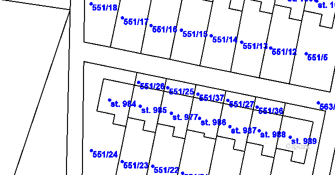 Parcela st. 551/25 v KÚ Třebeš, Katastrální mapa