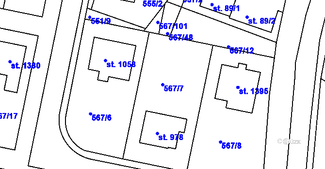 Parcela st. 567/7 v KÚ Třebeš, Katastrální mapa