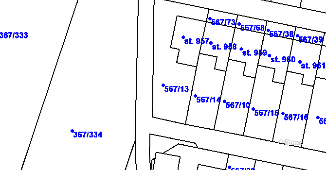 Parcela st. 567/13 v KÚ Třebeš, Katastrální mapa