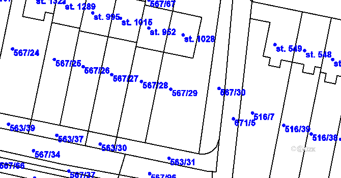Parcela st. 567/29 v KÚ Třebeš, Katastrální mapa