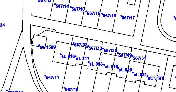 Parcela st. 567/33 v KÚ Třebeš, Katastrální mapa