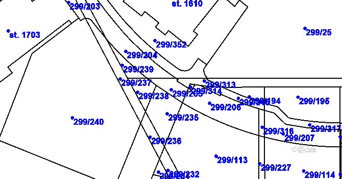 Parcela st. 299/205 v KÚ Třebeš, Katastrální mapa
