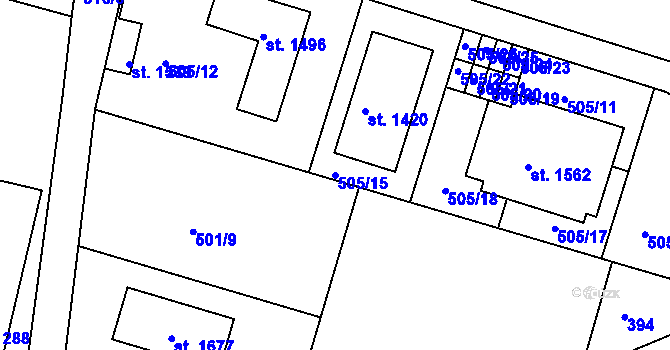 Parcela st. 505/15 v KÚ Třebeš, Katastrální mapa