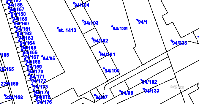 Parcela st. 94/101 v KÚ Třebeš, Katastrální mapa