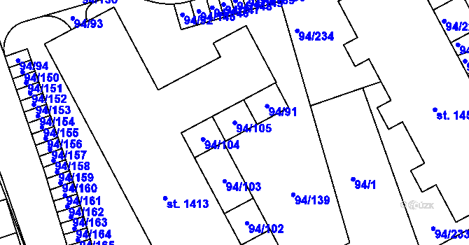 Parcela st. 94/105 v KÚ Třebeš, Katastrální mapa