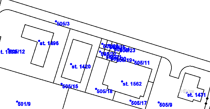 Parcela st. 505/21 v KÚ Třebeš, Katastrální mapa
