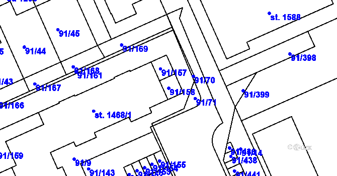 Parcela st. 91/158 v KÚ Třebeš, Katastrální mapa
