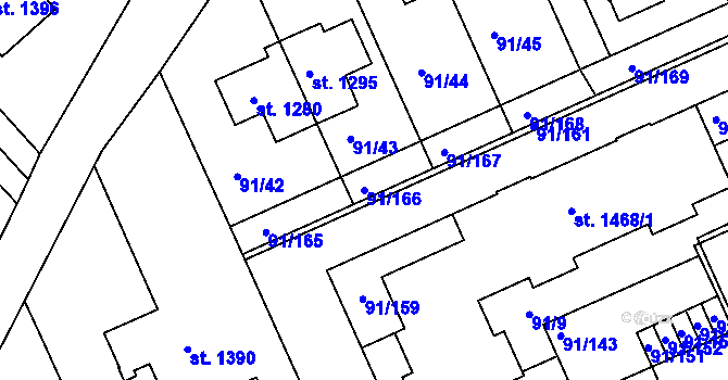 Parcela st. 91/166 v KÚ Třebeš, Katastrální mapa