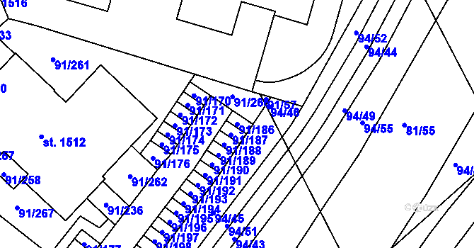 Parcela st. 91/186 v KÚ Třebeš, Katastrální mapa