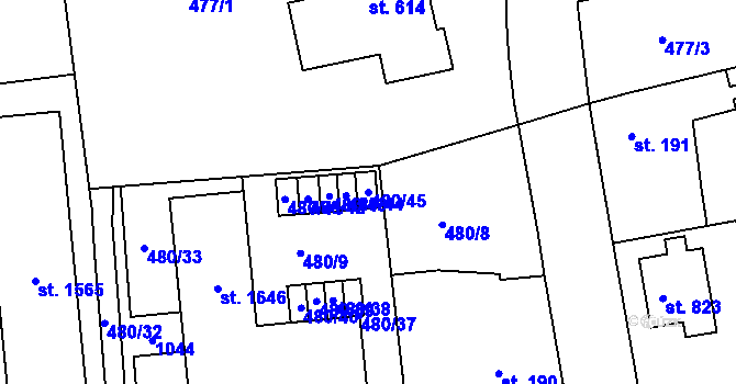 Parcela st. 480/45 v KÚ Třebeš, Katastrální mapa
