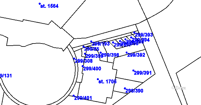 Parcela st. 299/398 v KÚ Třebeš, Katastrální mapa