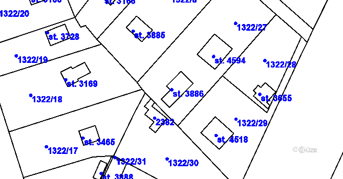 Parcela st. 3886 v KÚ Pražské Předměstí, Katastrální mapa