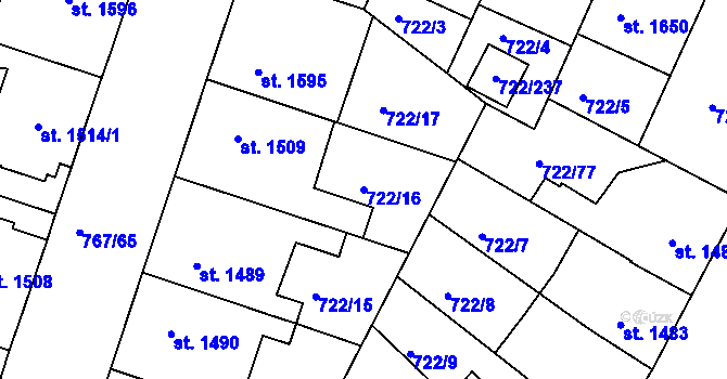 Parcela st. 722/16 v KÚ Pražské Předměstí, Katastrální mapa