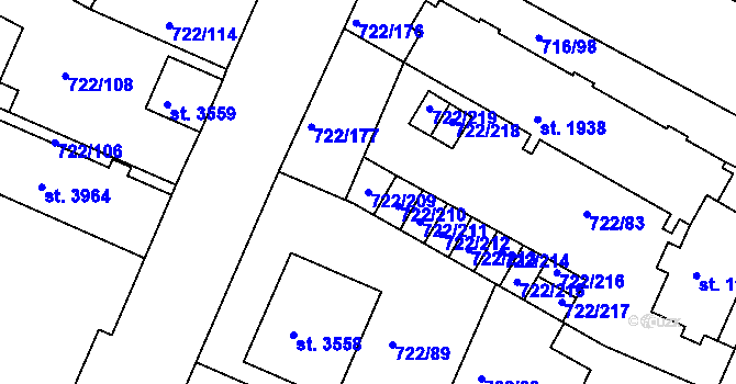 Parcela st. 722/209 v KÚ Pražské Předměstí, Katastrální mapa