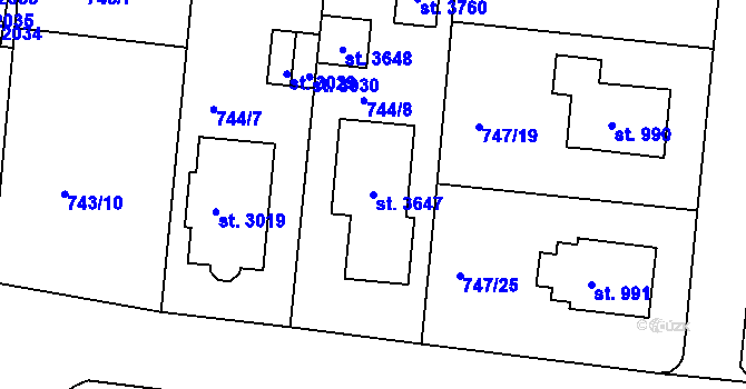 Parcela st. 3647 v KÚ Nový Hradec Králové, Katastrální mapa