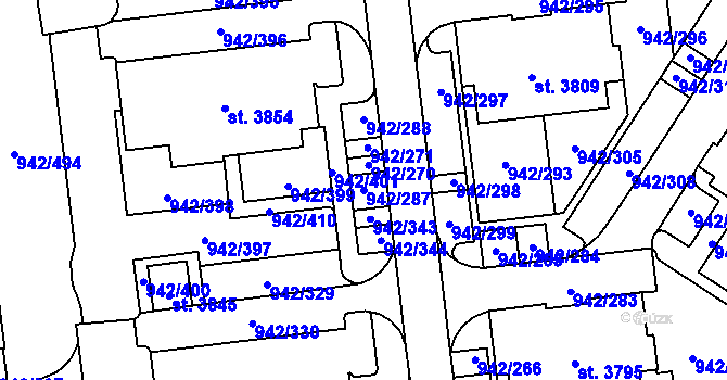 Parcela st. 942/287 v KÚ Nový Hradec Králové, Katastrální mapa
