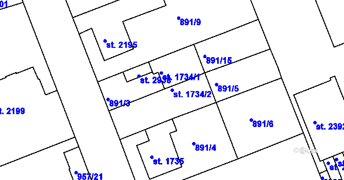 Parcela st. 1734/2 v KÚ Kukleny, Katastrální mapa