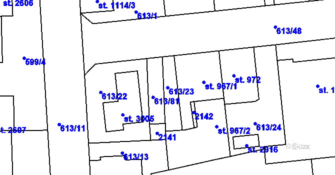 Parcela st. 613/23 v KÚ Kukleny, Katastrální mapa