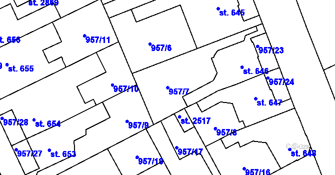 Parcela st. 957/7 v KÚ Kukleny, Katastrální mapa