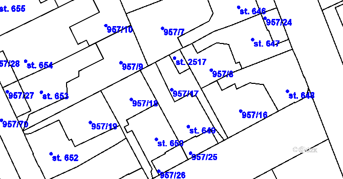 Parcela st. 957/17 v KÚ Kukleny, Katastrální mapa
