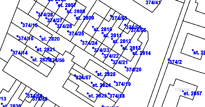 Parcela st. 374/22 v KÚ Kukleny, Katastrální mapa