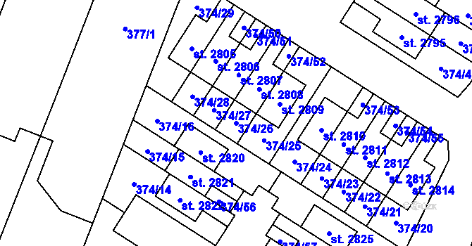 Parcela st. 374/26 v KÚ Kukleny, Katastrální mapa