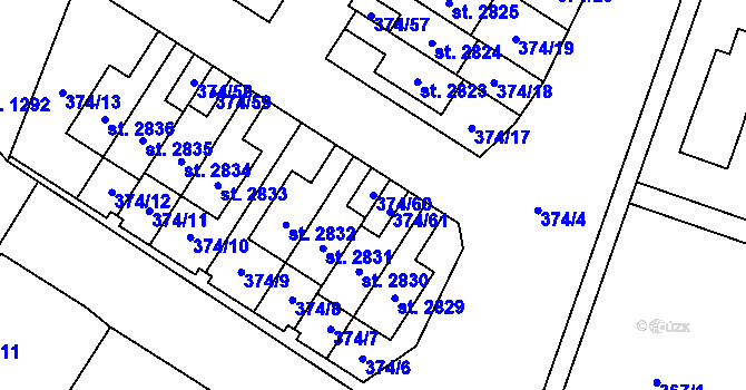 Parcela st. 374/60 v KÚ Kukleny, Katastrální mapa