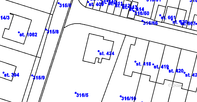 Parcela st. 424 v KÚ Kluky, Katastrální mapa